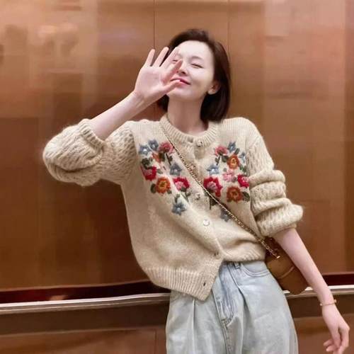 高端重工刺绣100%山羊绒开衫女