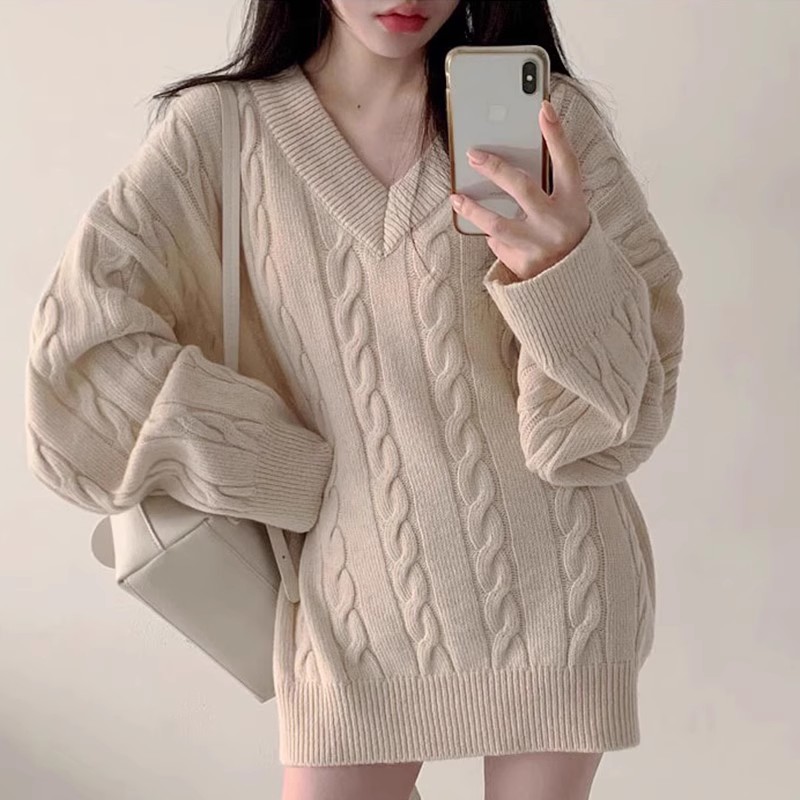 100%山羊绒毛衣女中长款加厚2026秋冬新款麻花宽松套头针织打底衫
