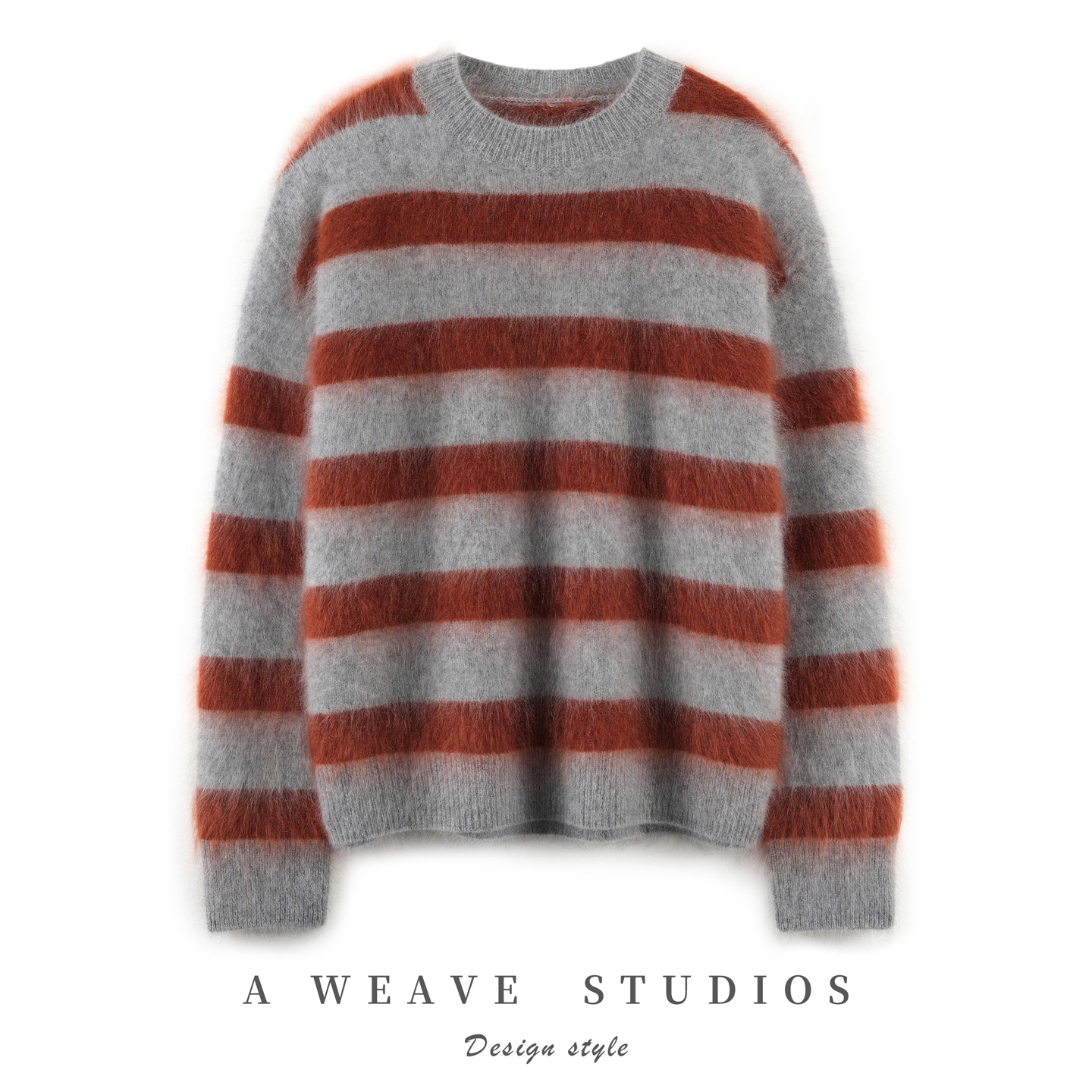 100%纯山羊绒圆领宽松条纹毛衣女