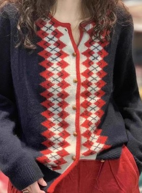 2025秋冬新款菱形格纹100%纯山羊绒开衫女英伦风简约针织毛衣外套