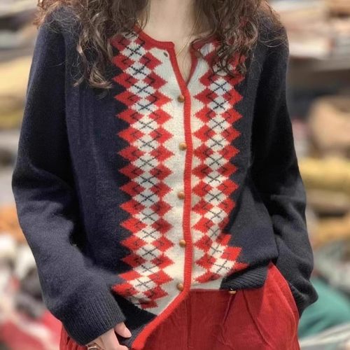 100%纯山羊绒开衫女菱形格纹