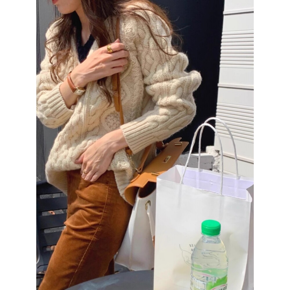 100%纯山羊绒毛衣女加厚2026秋冬新款V领宽松麻花套头针织打底衫