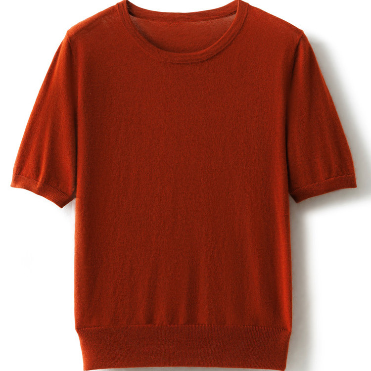 圆领精纺针织短袖100%纯山羊绒女