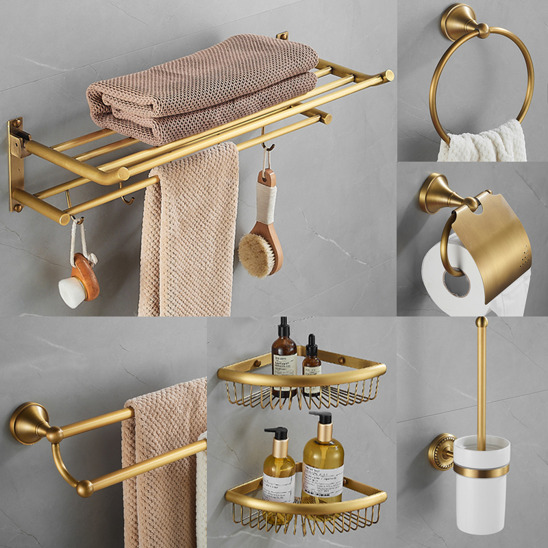 高端全铜仿古毛巾架免打孔复古卫生间挂件套装美式浴室浴巾置物架