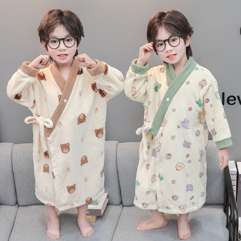 睡袍浴袍男童法兰绒秋冬季2024新款宝宝男孩中长款珊瑚儿童防着凉
