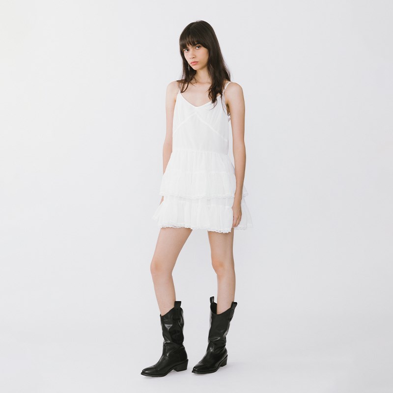 CUBIC芭蕾蓬蓬V领吊带网纱蛋糕裙双层连衣裙