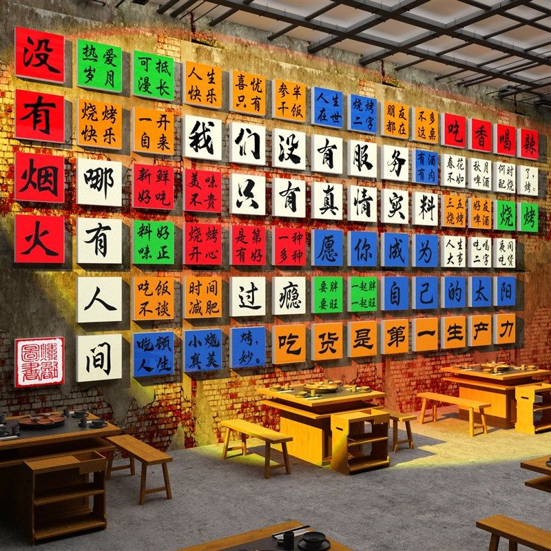 网红烧烤店装饰创意墙面怀旧复古破店市井风格场景布置贴纸画海报
