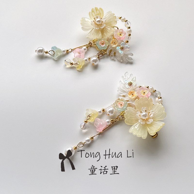 儿童汉服发饰手工琉璃粉色蓝色羽毛发夹铃铛流苏扇子女童珍珠对夹