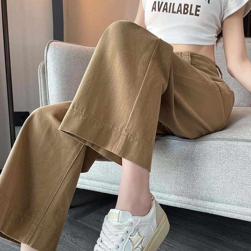 卡其色8分牛仔阔腿裤女春秋冬季2025年新款小个子高腰窄版直筒裤