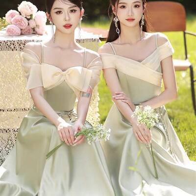 绿色缎面伴娘服2024新款姐妹团晚礼服裙大码婚礼小众高级感仙气质