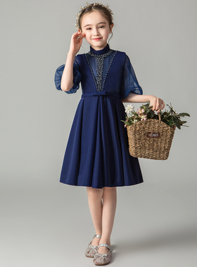 女童礼服公主高端蓝色儿童生日小女孩主持人钢琴演出服晚礼服秋冬