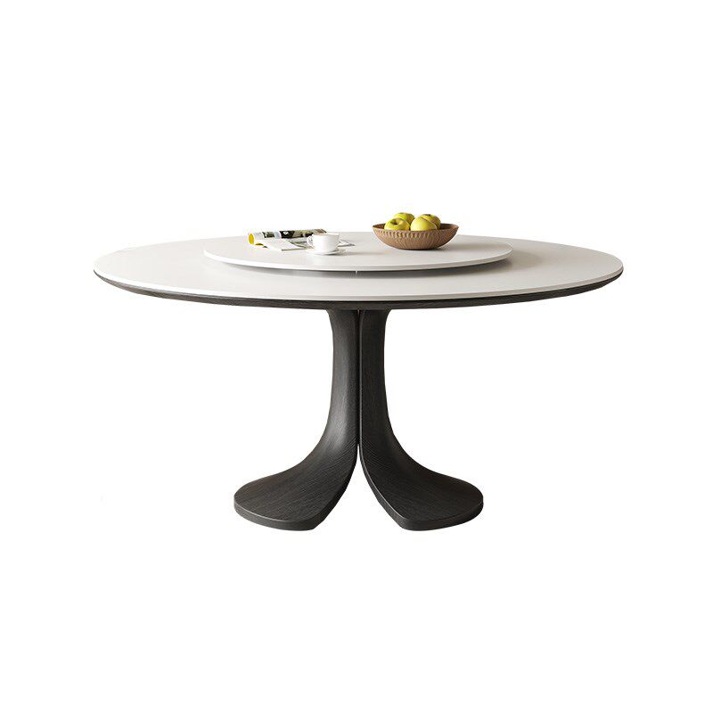 复古黑色实木岩板餐桌椅家用小户型侘寂中古奶油风高端全托圆桌子