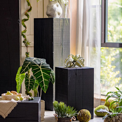 侘寂风实木方形黑色木墩仿古置物台花架软装展示台民宿装饰摆饰