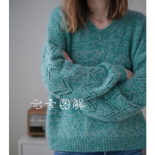 790蓝花楹套衫图解 V领镂空花落肩袖 女士毛衣编织教程中文字版