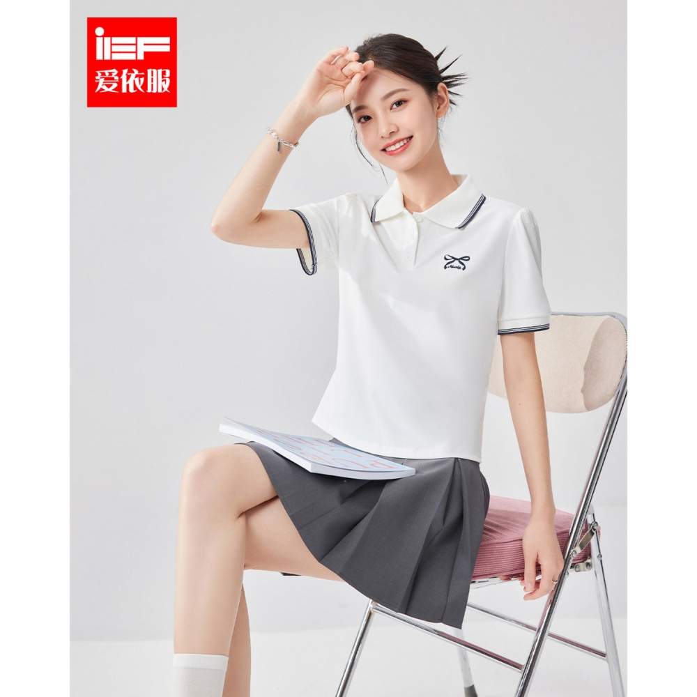 IEF/爱依服2025夏新款白色POLOT恤女短袖宽松时尚百搭学院风上衣