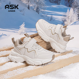 子轻 跑步皮面加绒轻便儿童小白运动老爹鞋 ASK秋冬季 二棉男女童鞋