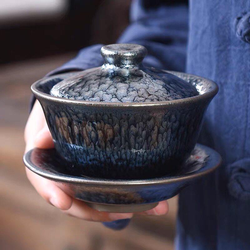 京辰不烫手建阳建盏百花三才盖碗原矿釉铁胎黑陶功夫茶盏茶碗茶具