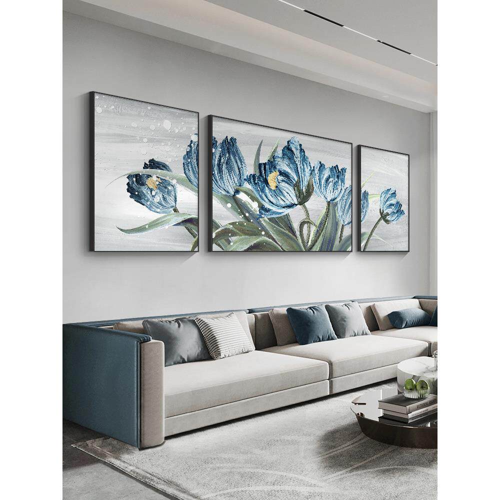 北欧风客厅装饰画肌理感蓝色花卉画轻奢沙发背景墙挂画大气三联画