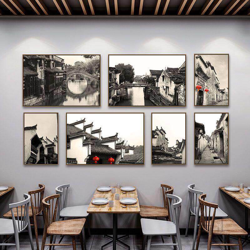 老照片装饰画黑白江南水乡徽派建筑屋檐怀旧挂画火锅餐饮店包厢画