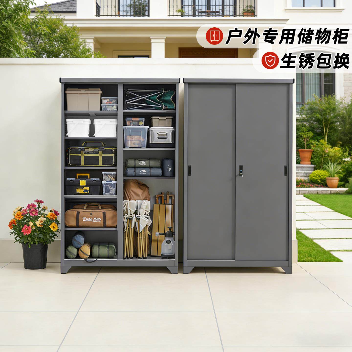 户外储物柜防水防晒室外庭院收纳柜大容量花园清洁工具防锈置物柜