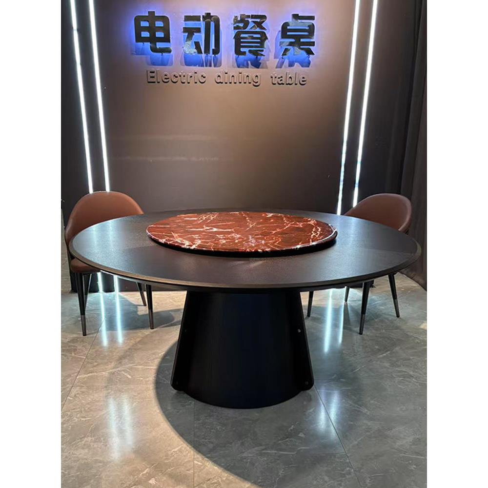 新中式板岩餐桌与转盘实木餐桌圆桌现代轻豪华家庭客厅餐桌大圆桌