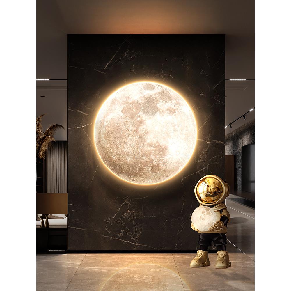 月亮入口装饰画行星圆形卧室壁灯画无障碍豪华质感月亮背景墙夜光