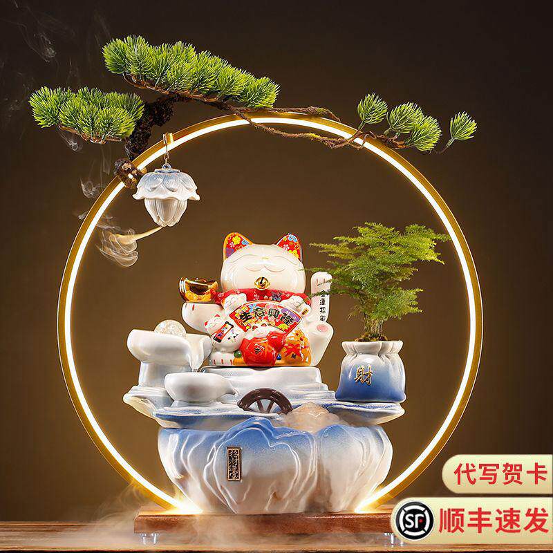 中式陶瓷招财猫流水摆件 聚宝盆创意发财装饰品