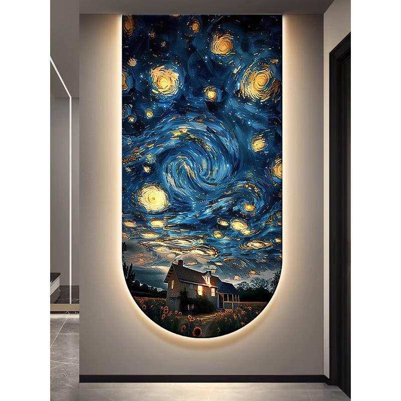 梵高星空玄关装饰画向日葵抽象走廊过道挂画星月夜入户拱形壁画灯