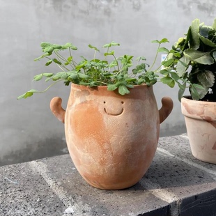 表情包小陶瓷微笑脸花盆栽可爱多肉绿植物造景摆件装饰室内外装饰