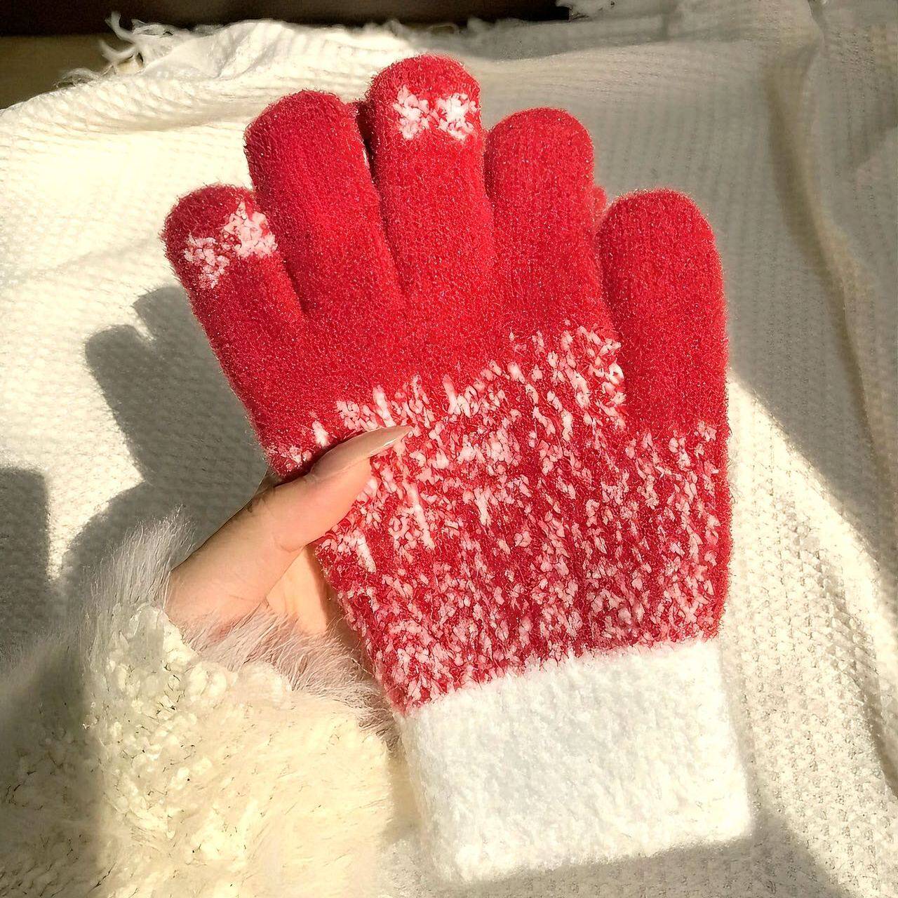 可爱蓝色圣诞树手套女冬季露指可触屏雪花加绒加厚骑行红色手套