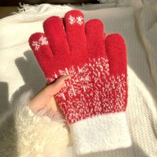 可爱蓝色圣诞树手套女冬季露指可触屏雪花加绒加厚骑行红色手套