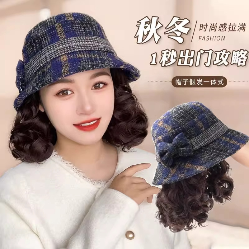 秋冬帽子假发一体时尚妈妈渔夫帽中老年卷发呢帽加厚休闲帽子头套
