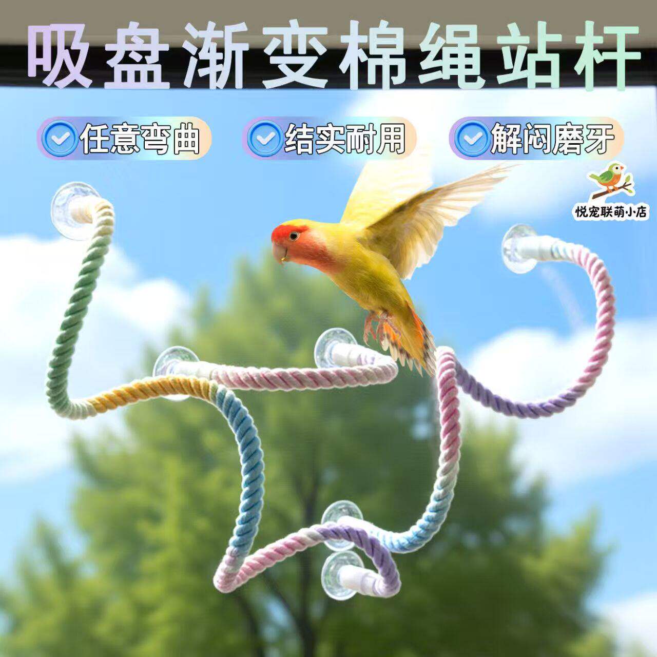 鹦鹉站架多用途麻绳吸盘玻璃站杆玩具笼子玄凤虎皮鸟站杆
