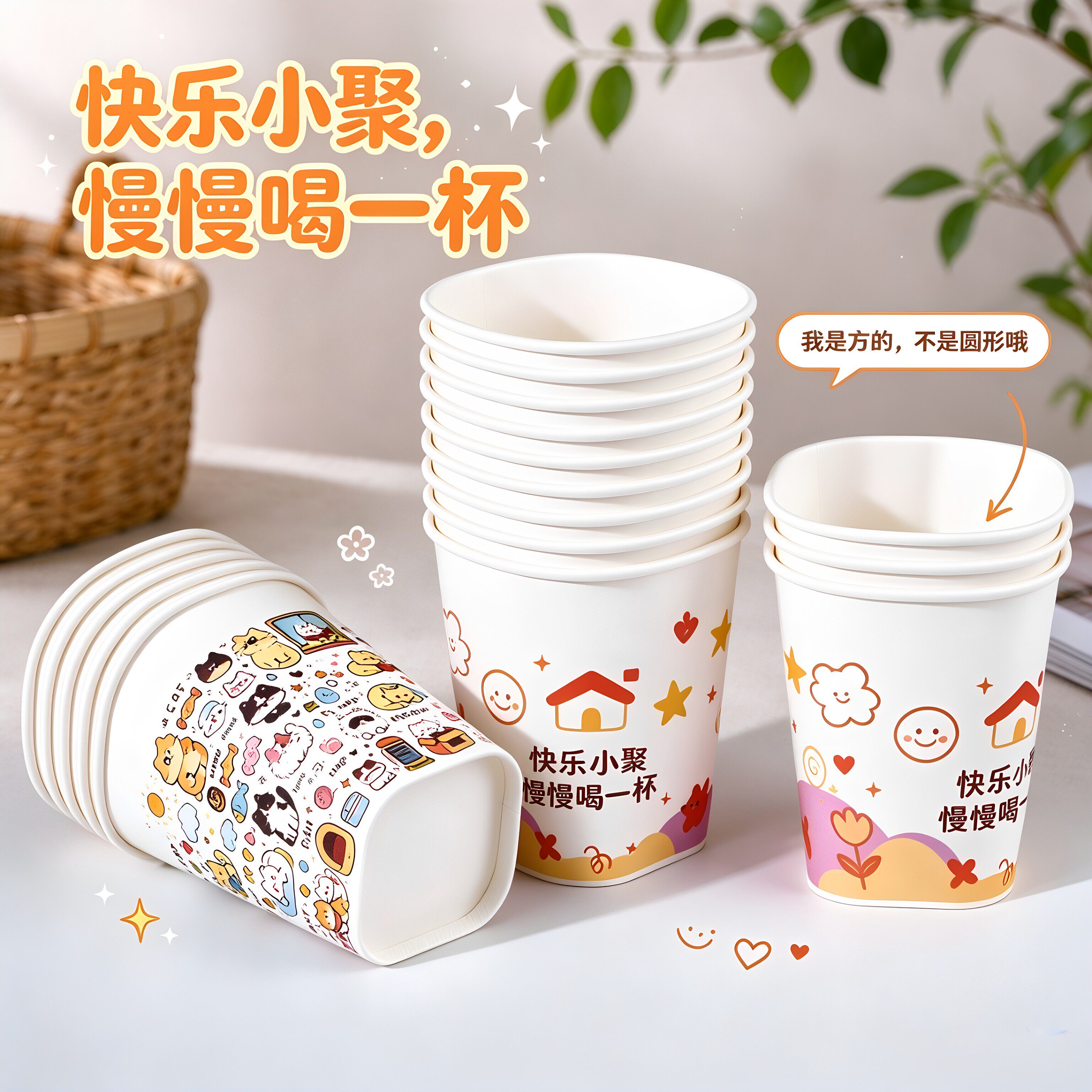 一次性纸杯家用食品级咖啡热饮杯创意异形杯子加厚卡通方形纸杯