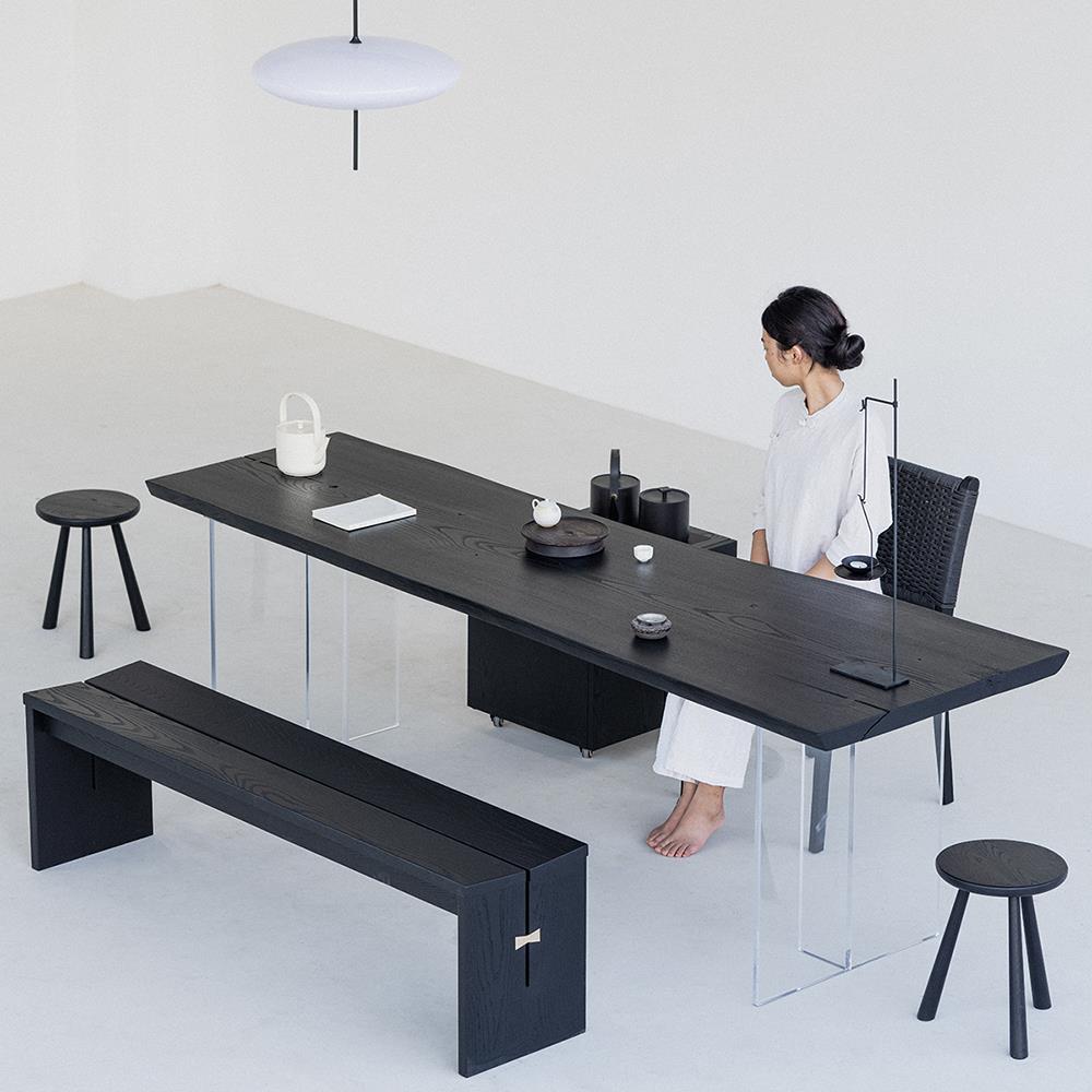 叁几 侘寂风碳化实木餐桌家用阳台茶桌白蜡木黑色桌子长方形书桌