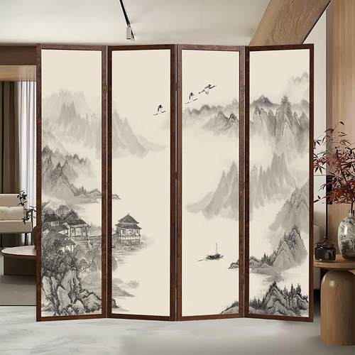 新中式屏风隔断客厅折叠移动酒店办公室遮挡山水折屏装饰背景墙