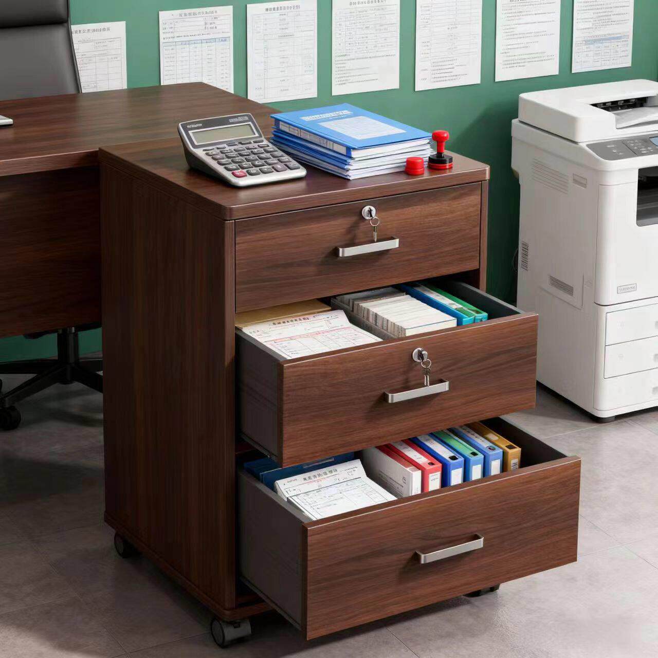 文件柜办公室储物柜木质带锁资料收纳柜桌下侧边柜抽屉柜矮柜