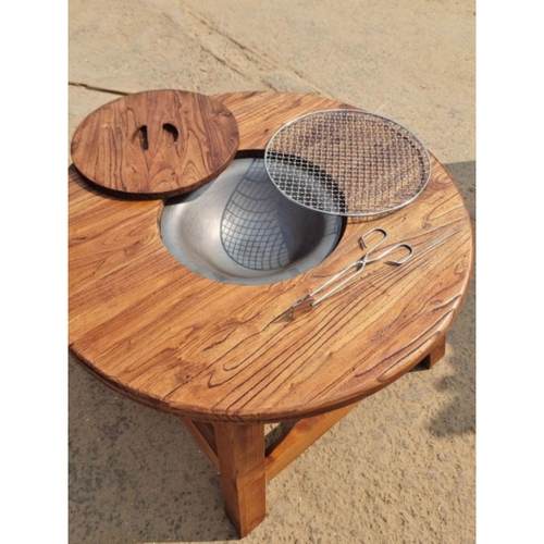 老榆木围炉茶桌实木小圆桌复古原木阳台煮茶桌户外围炉烧烤火锅桌