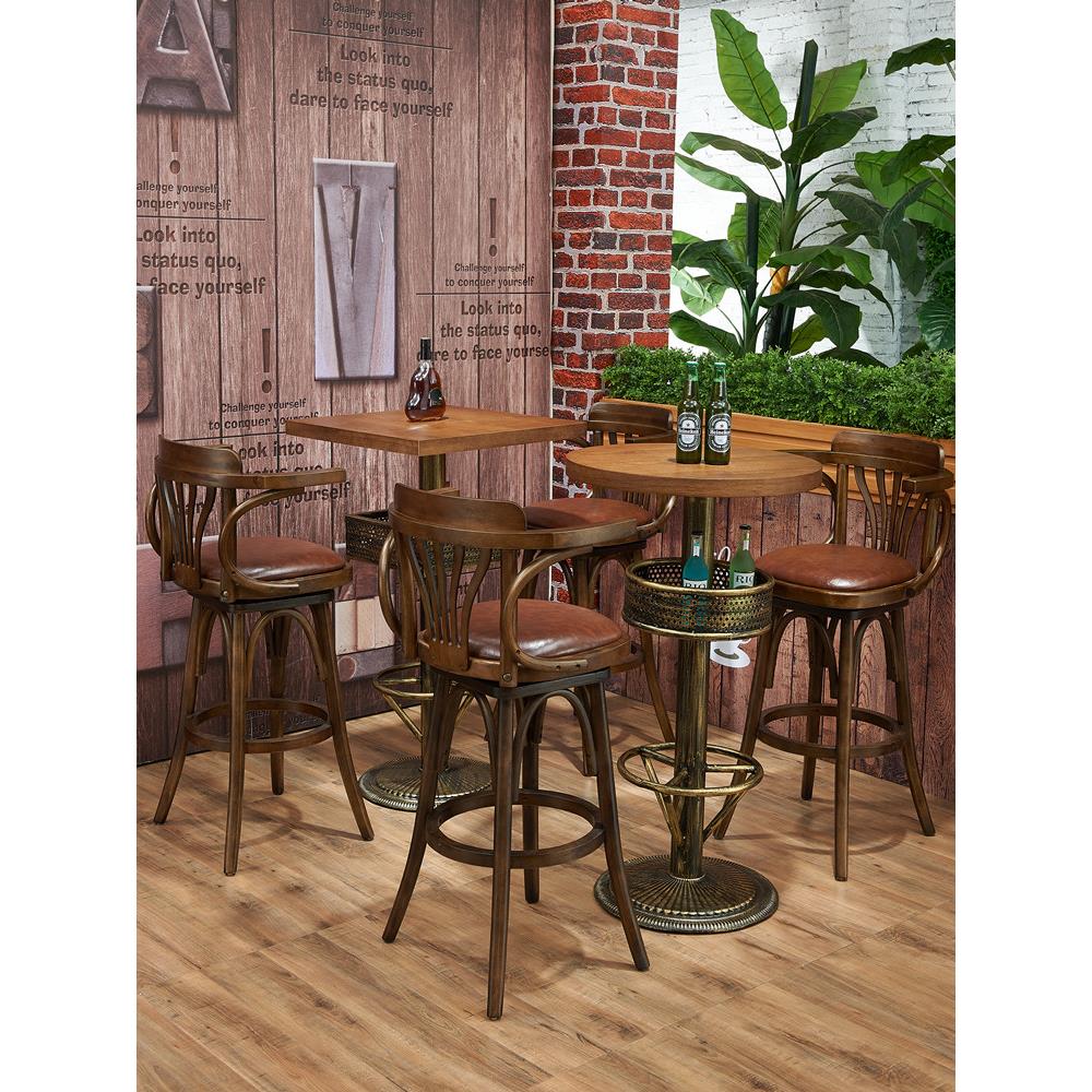 复古实木旋转高吧椅休闲咖啡馆酒吧美式吧凳餐厅清吧高脚桌椅组合