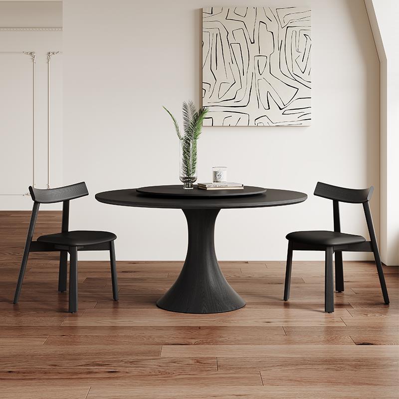 纯黑岩板餐桌圆形现代简约家用小户型2024新款橡木复古风实木圆桌