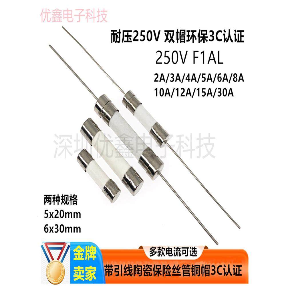 5*20mm/6*30mm带引线脚陶瓷保险丝管快断F0.5A/1A/5A/10A-30A250V
