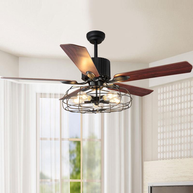 Loft工业风扇吊灯 覆古客厅饭厅带电扇静音家用LED遥控木叶吊扇灯