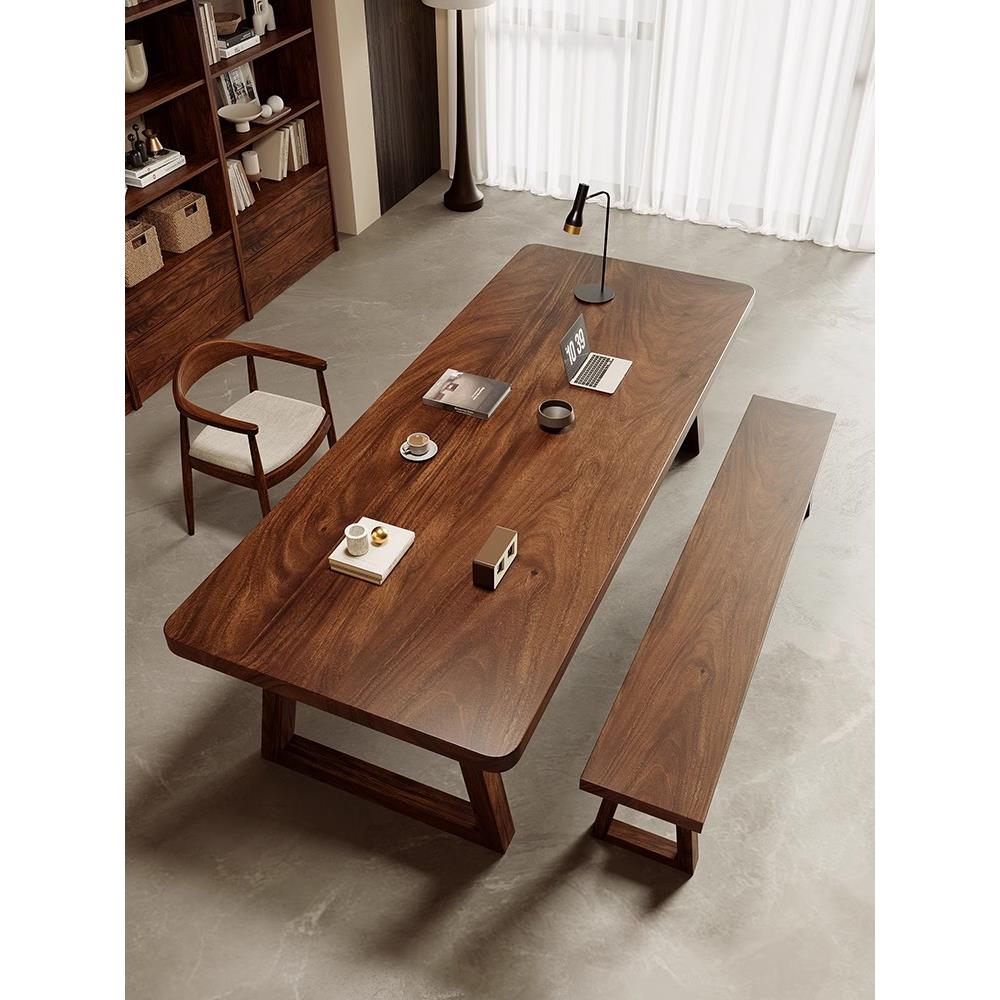 北美黑胡桃木茶桌书桌一体两用高端大板茶台简约实木客厅家用长桌