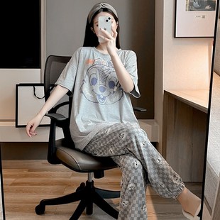 卡通可爱家居服套装 纯棉拉架圆领加大码 夏季 睡衣女200斤短袖 长裤