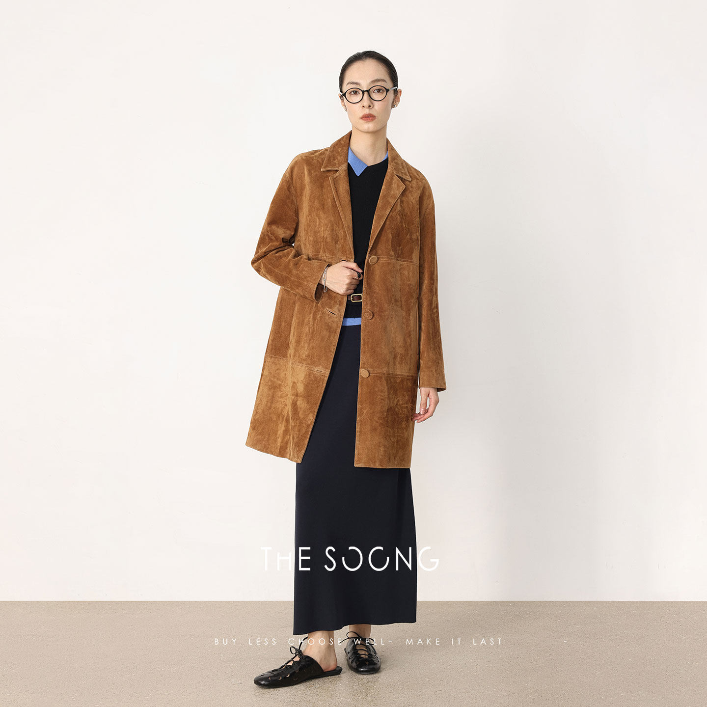 THESOONG/新款女装纯羊皮细腻肌理廓形西装领中长款皮衣外套