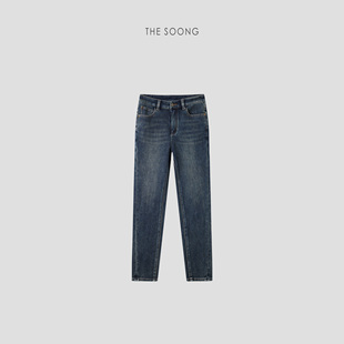 THESOONG/闪瘦裤 加厚不加绒 高弹深蓝色小脚靴裤牛仔裤