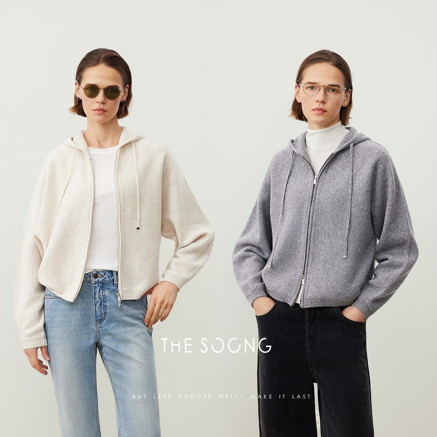 THESOONG/进口斯托尔绵羊毛双拉链针织连帽卫衣外套女