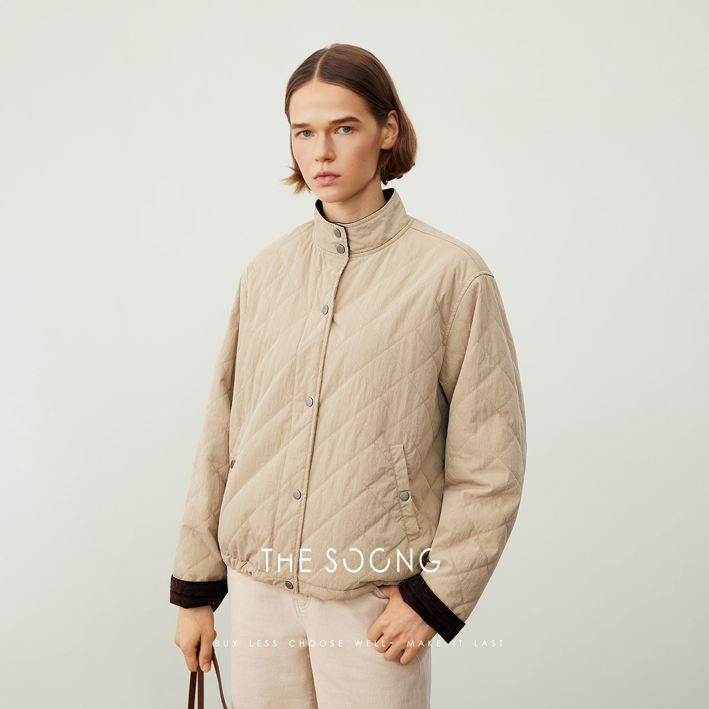 THESOONG/复古菱格棉服保暖轻薄夹克洗水棉外套