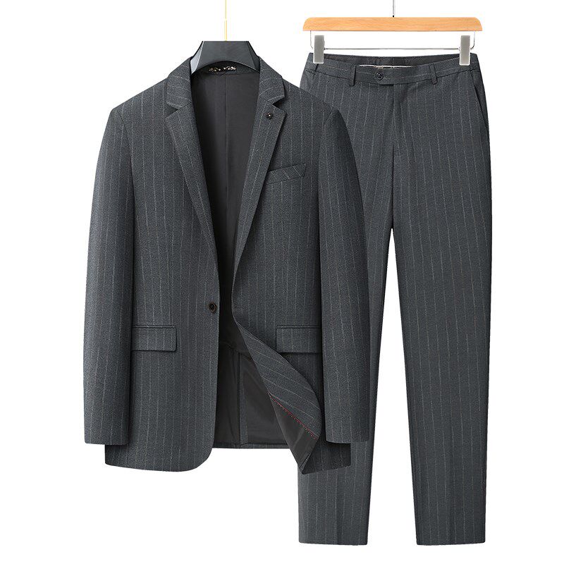 280斤可穿商务大码男装宽松条纹西服马甲西裤三件套休闲西装外套
