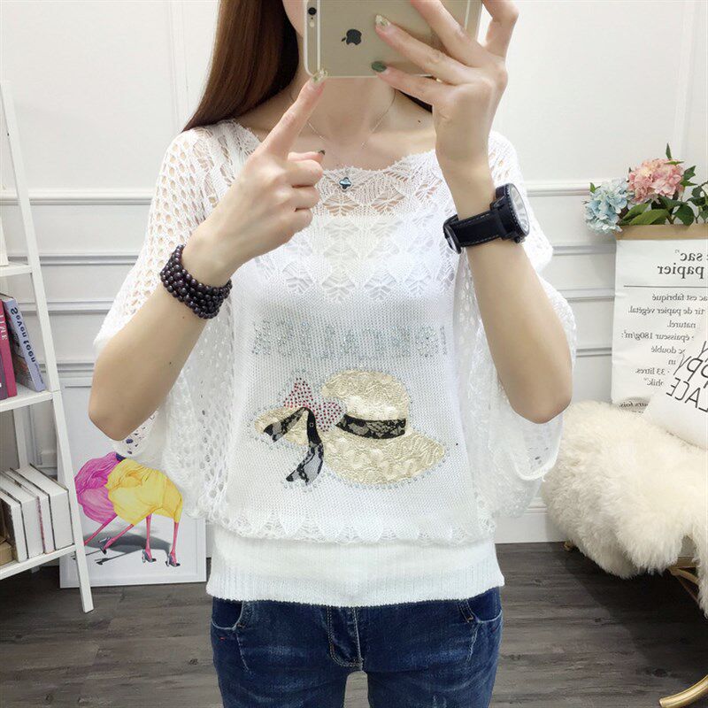 针织衫薄款女宽松秋装2021年新款潮女装夏短袖大码蝙蝠衫镂空上衣
